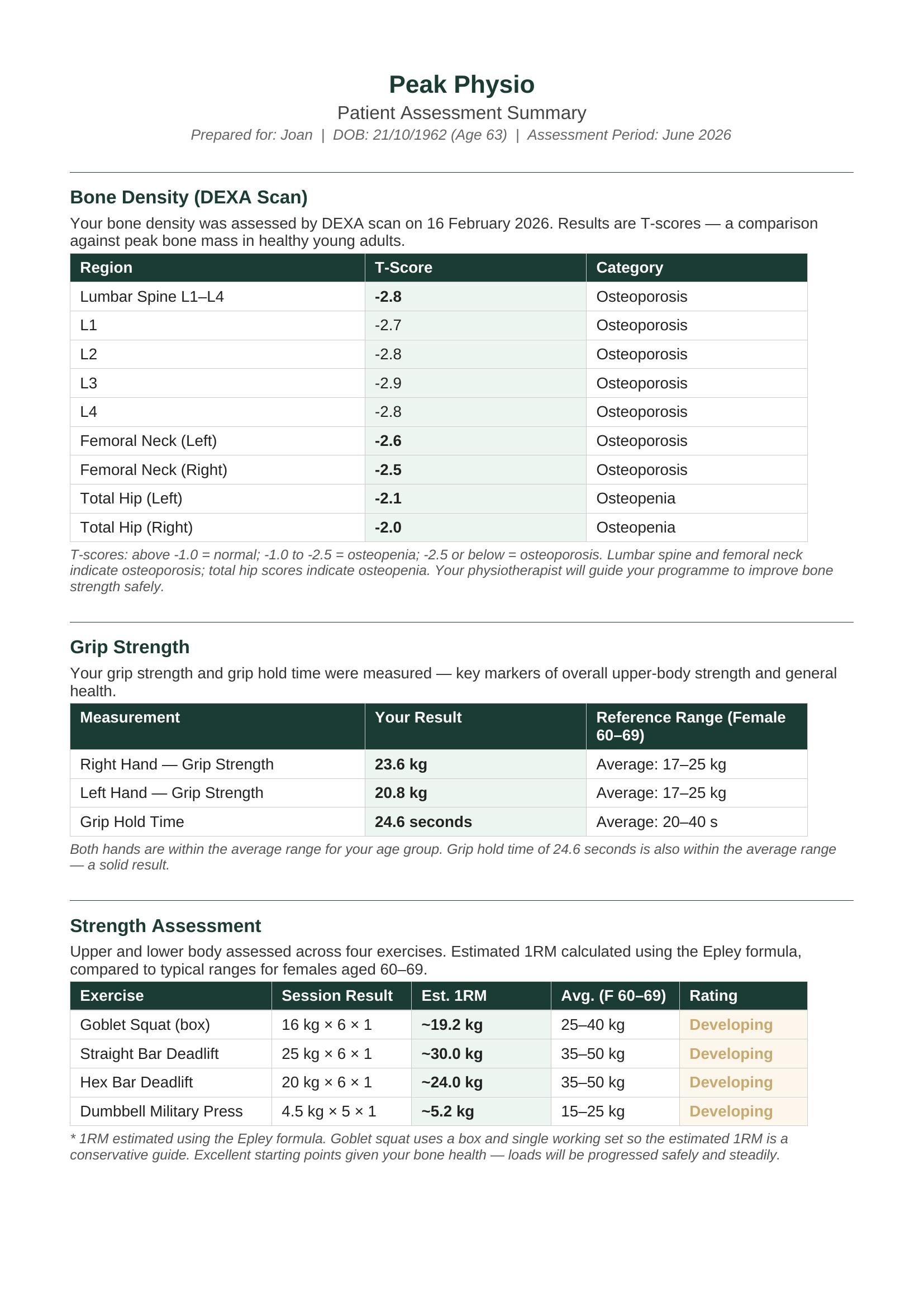 Sample patient assessment summary showing DEXA scores, grip strength and strength results